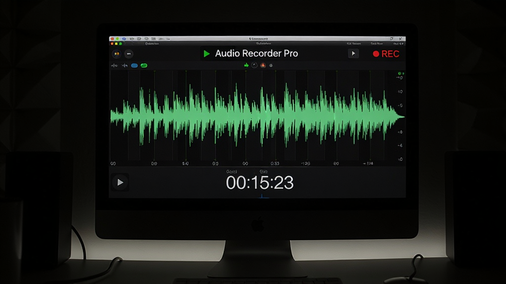 ���壺Audio Recorder Pro¼�������еĵ�����Ļ����ʾ������ʱ���룻���֣�������Ļ���У���Χ�����������Ű棺��Ļ����Ϊ�������Ͻ���ʾ��REC�����������дʵ�����Ļ����ͻ����ϸ�ڣ�������ɫ������ʱ����00:15:23�����ʣ������壬�޶���Ԫ��