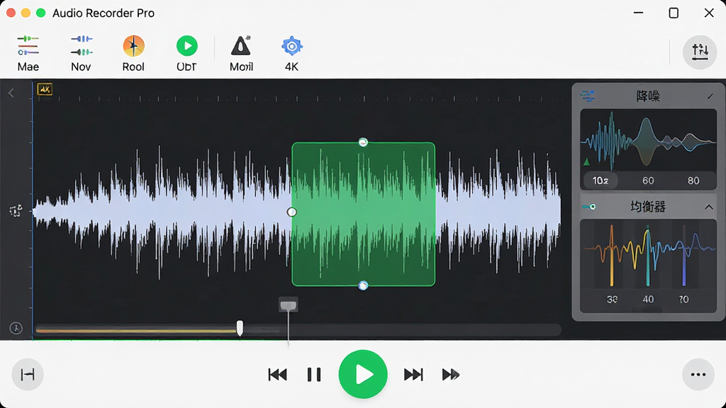 ���壺Audio Recorder Pro���ñ༭�����棬չʾ������������ߣ����֣��Ϸ�Ϊ�˵�������������Ϊ���α༭�����·�Ϊ���ſ��ƣ��Ű棺����ͼ������ֱ�ǩ�����ο����ţ����������࣬��ɫ���ż���Ŀ��ϸ�ڣ���ʾ�����롱�͡�����������壬���ξֲ�����ѡ�У����ʣ�4K���ɾ�������