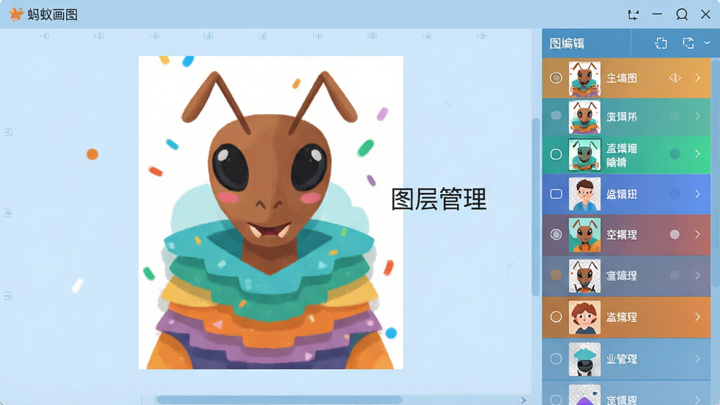 ���壺���ϻ�ͼ������ͼ��༭���棬��������һ���ֲ���Ƶ�����廭���Ҳ�ͼ���������չʾ���ͼ�㣬ÿ��ͼ��������ͼ�����ƣ������������֡�ͼ������������֣�����廭ռ�ݻ������룬ͼ�����λ���Ҳ࣬����Ϊǳ��ɫ���������Ű棺ͼ���б��������У�ÿ��ͼ���ò�ͬ��ɫ��������񣺱�ƽ����ƣ�ɫ�����졣���ʣ��ɾ����޶���Ԫ�ء�