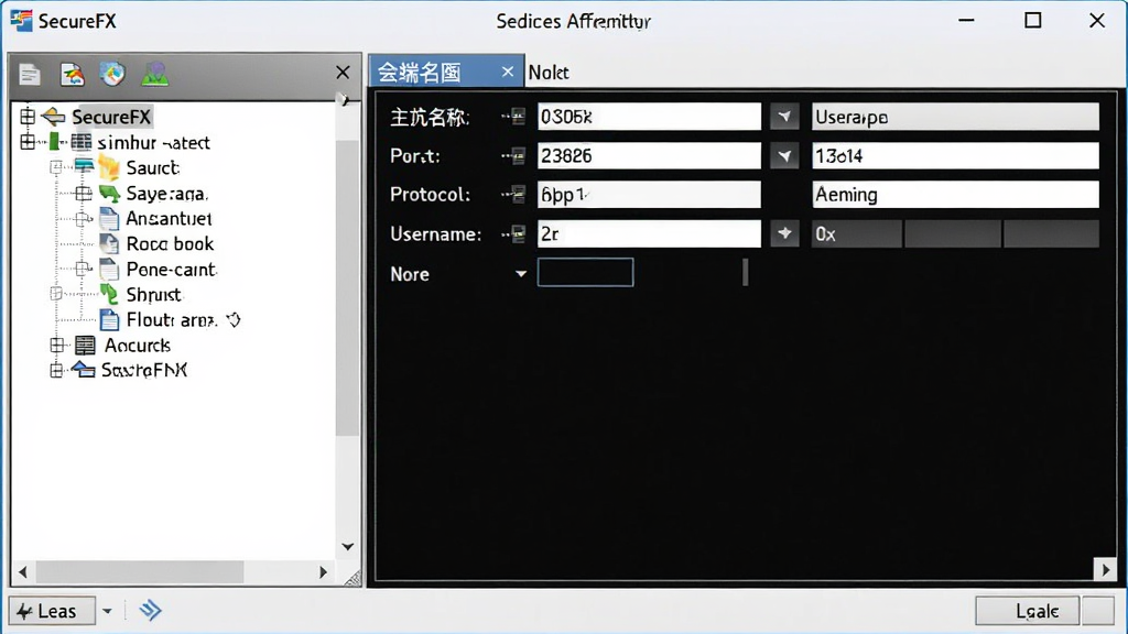 SecureFX�Ự���������ڣ������״�б���壬�Ҳ�Ự���Ա༭�����������������˿ڡ�Э�顢�û������ֶΣ������������򣬻��ʸɾ��޶���Ԫ��