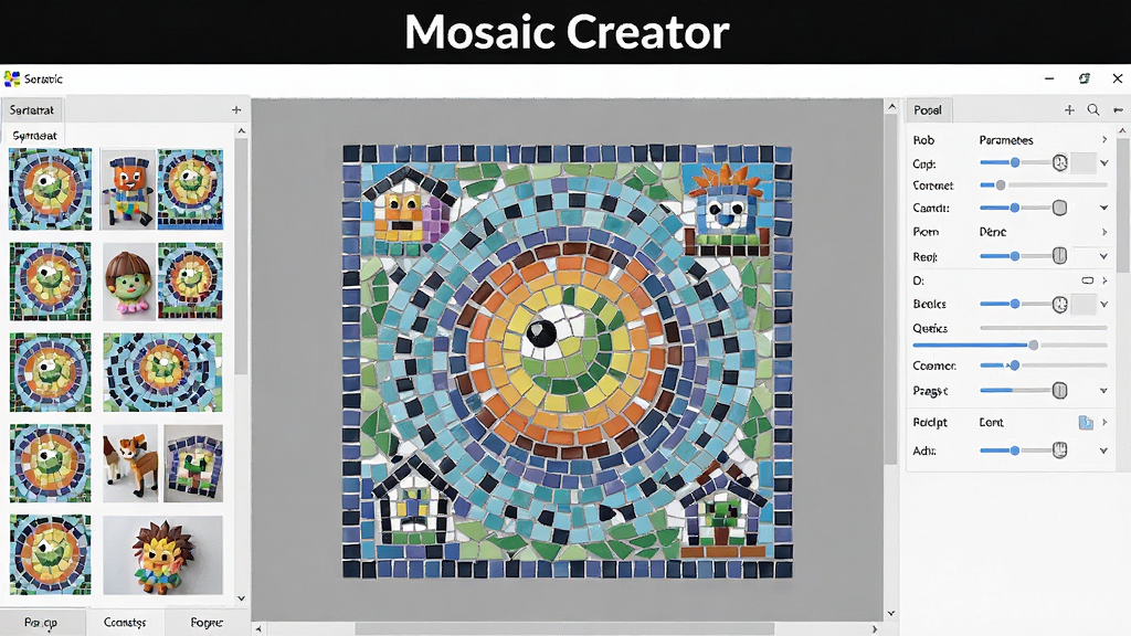һ��չʾMosaic Creator����������ĸ���Ԥ��ͼ���������Ϊ�زĹ�����壬������ʾ���ڱ༭��������ƴ�������Ҳ�Ϊ�����������������Ϸ����������ơ�Mosaic Creator���������������ִ���࣬ɫ��������ϸ�����������ʸɾ����޶���Ԫ�ء�