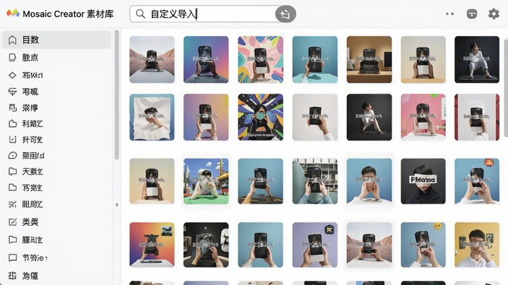 һ��չʾMosaic Creator�زĿ����Ľ�ͼ�����Ϊ�����б����Ҳ���������ʽչʾ��������ͼ�������������С��Զ��嵼�롱���֣���������ˬ����������ɫ��ͼƬ�������룬�����������޶���Ԫ�ء�