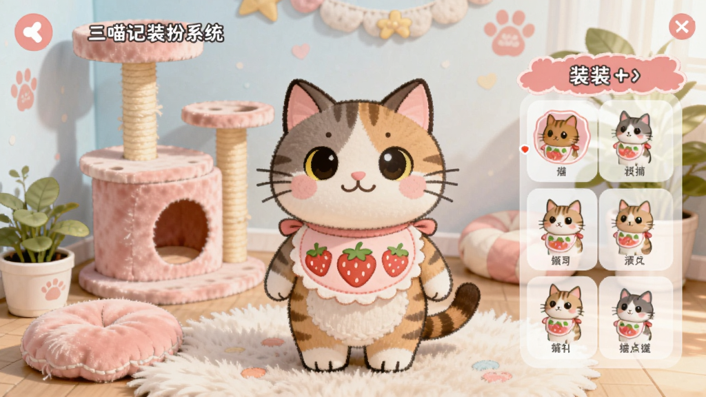 三喵记装扮系统预览,猫咪穿着可爱的草莓围兜,站在装饰精美的猫咪房间中,背景有粉色猫爬架、毛绒垫子、绿色盆栽,画面色彩柔和,UI展示装扮选项,卡通手绘风格,细节精致,高清画质