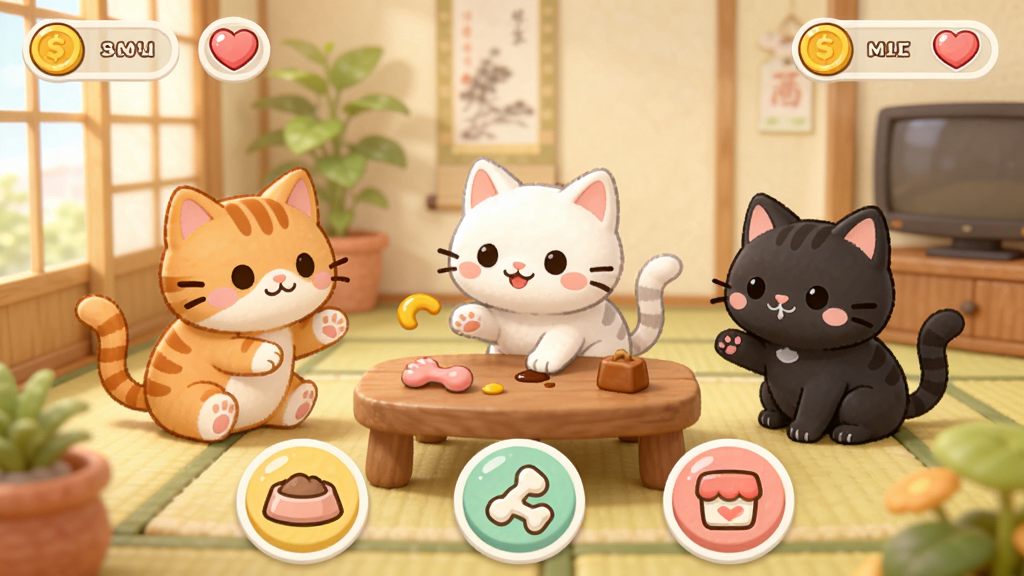 三喵记游戏主界面展示,三只可爱的猫咪(橘猫、白猫、黑猫)在温馨的日式客厅中玩耍,画面明亮柔和,UI设计简洁可爱,顶部显示金币与爱心图标,下方有喂食、玩耍、商店等圆形按钮,整体风格卡通治愈,高清画质,干净无多余元素