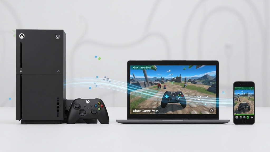 һ��չʾ���豸ͬ����ͼƬ�������в��ŷ�����Xbox�������ʼǱ����Ժ��ֻ�����Ļ�϶���ʾ��ͬһ����Ϸ����ͬ���棬���������Ĺ����������ߣ��γ�����ͬ�����Ӿ�Ч��������Ϊ��Լ��ǳ��ɫ��������£����־��⣬�����������ɾ�������