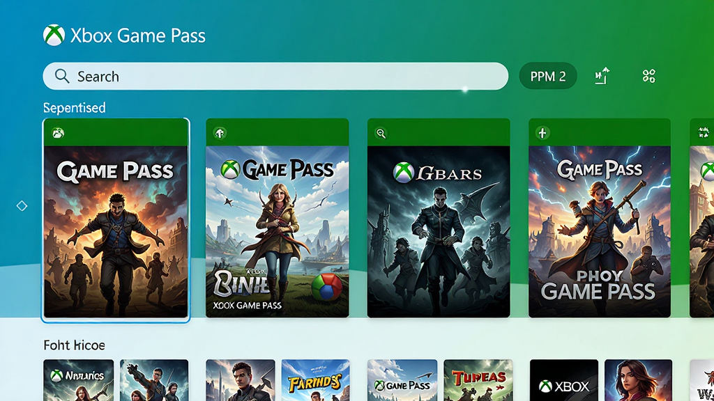 һ��չʾXbox Game PassӦ��������ĸ����ͼ���������ִ��ҳ������������������޵�����ɫ���䣬ǰ��չʾ�˼���������Ϸ�ķ�������ͼ�������������������������������·�����Ϸ�Ƽ��б��������Ӿ������ǿ�������������ɾ��޶���Ԫ�أ����ֱ�ע