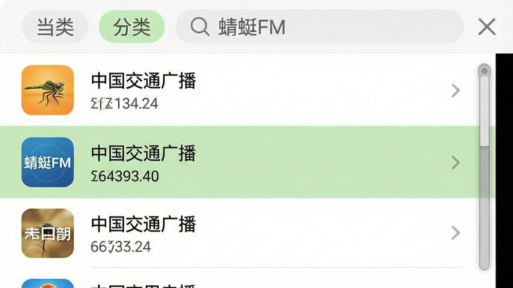 ���壺����Ӧ�ý�ͼչʾ��̨�б�ҳ�棬�б��������̨ͼ�������ƣ����С��й���ͨ�㲥��������ʾ�����֣��ֻ��������棬�б����ϵ������У��Ҳ��й��������Ű棺ÿ�е�̨������Ƶ�����ֶ��룬�����ǩλ�ڶ�������񣺼����б�ʽUI������Ϊ��ɫ���ָ���ǳ�ҡ�ϸ�ڣ������������С�����FM����������ǰѡ�е�̨����ǳ��ɫ��ɫ�����ʣ�����������ɫ����Ȼ���ɾ������