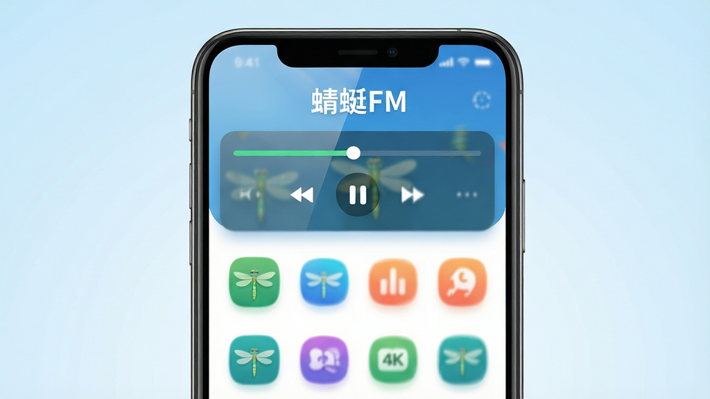 ���壺һ�������ֻ���Ļ��ʾ����Ӧ�������棬���涥���С�����FM���������м��ǲ��������������·�����ͼ���������롣���֣��ֻ����У���Ļ��ǰ������Ϊǳ��ɫ���䣬�������ס��Ű棺����Ԫ��������ͼ������ȣ���������������Ŀ������ִ���ƽ��UI��ƣ�ɫ�����죬��Ӱ��͡�ϸ�ڣ�Ӧ��ͼ����һֻ��ɫ���ѣ���Ļ����΢΢���󣬲��ֽ���Ԫ���ж�̬ģ��Ч�������ʣ�4K������Ⱦ������ɾ����޶���Ԫ�ء�