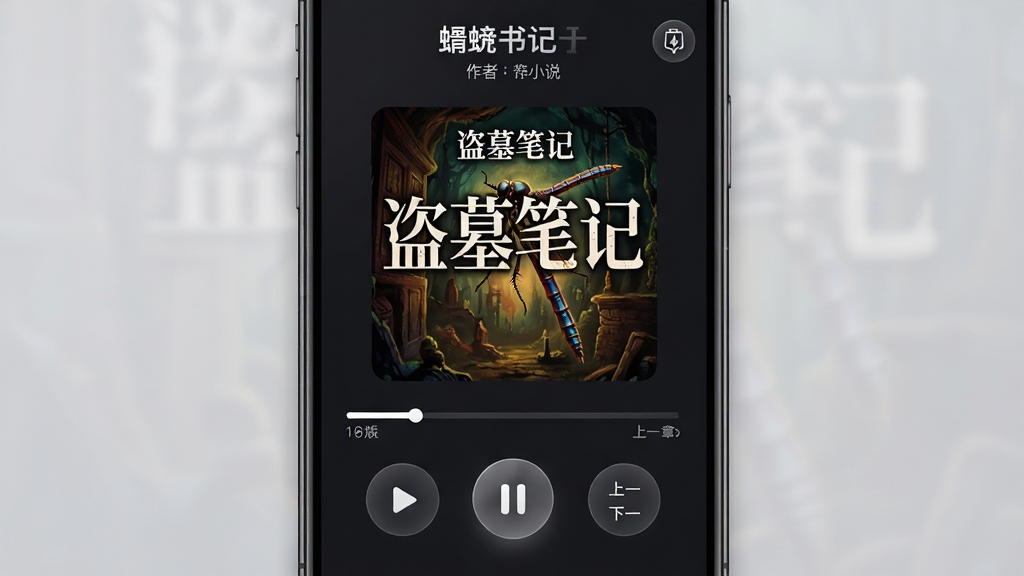 ���壺����Ӧ�ò���ҳ��չʾ����С˵���棬��������Ϊ����Ĺ�ʼǡ����·��в��Ž���������ư�ť�����֣�����ҳ���У�����Ϊ���Σ���Χ�ǲ��������������Ű棺���涥����ʾ���������ߣ��ײ���ť����Ϊ����/��ͣ����һ�¡���һ�¡���񣺳���ʽ��ɫ���⣬����ɫ��Ũ������ťΪ��͸��Բ�Ρ�ϸ�ڣ����Ͻ��л�������ͼ�꣬��������ʾ�Ѳ�������֮һ�����ʣ��߷ֱ�����Ⱦ����Ӱϸ�壬����ɾ���