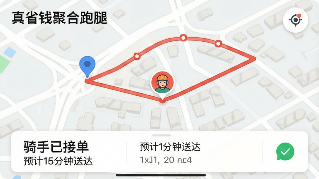��������Ϊ��ͼ�������棬������ʾһ�����û�λ�õ��ջ��ص�ĺ�ɫ·�ߣ�·������һ������ͷ��ͼ�����ƶ����������Ͻ���ʾ����ʡǮ�ۺ����ȡ��������ײ�Ϊ����״̬��Ƭ�������������ѽӵ�������Ԥ��15�����ʹ�����֡���ͼ����Ϊ����ǳɫ��񣬽ֵ��뽨����ע���������岼�־۽���·��������λ�ã�ϸ����ʵ�����ʸ��壬�ɾ��޶���Ԫ�ء�