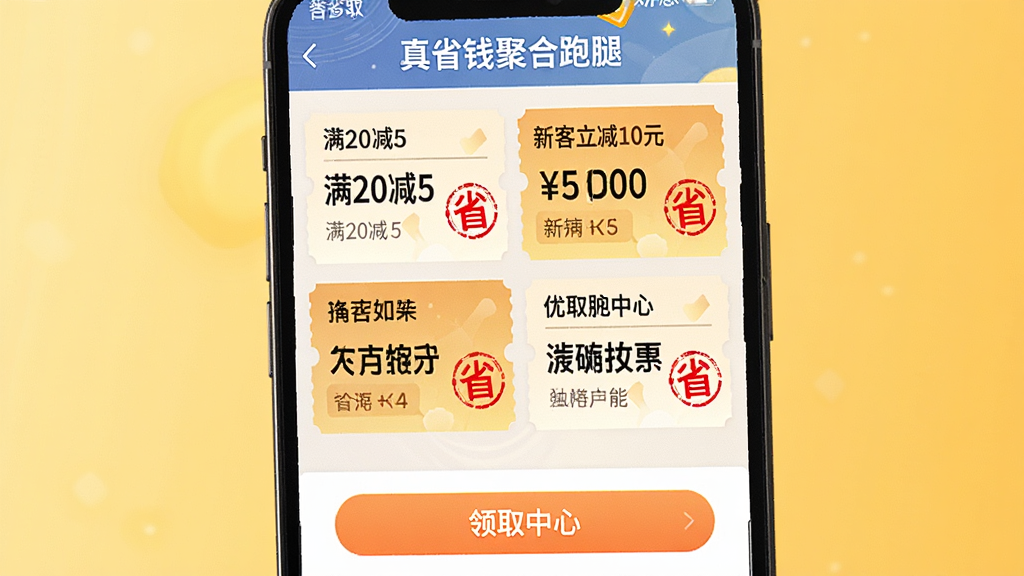 ͼ������Ϊ�ֻ���Ļչʾ����ʡǮ�ۺ����ȡ����Ż�ȯҳ�棬��Ļ�����������Ŷ��Ų�ͬ�����Ż�ȯ���硰��20��5�������¿�����10Ԫ���ȣ�ÿ��ȯ����ƾ��������к�ɫӡ����ʽ�ġ�ʡ���֡���Ļ�·���һ������ȡ���ġ���ť������Ϊů��ɫ����ͽ��䣬Ӫ���ʡǮʵ�ݵķ�Χ�����岼�ַ�����ɫ�����ޣ������������ɾ��޶���Ԫ�ء�