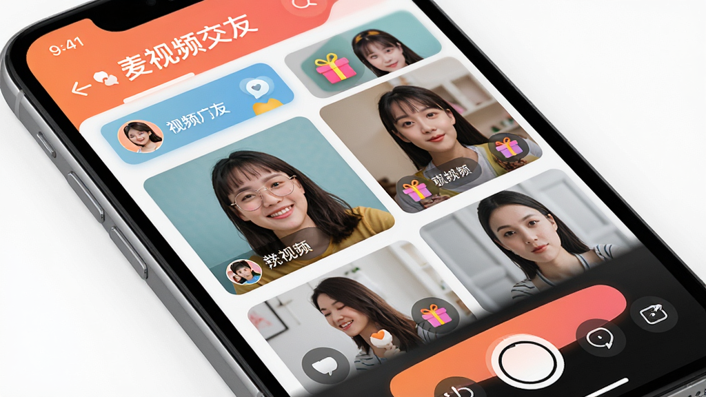 主体为手机屏幕特写,屏幕上展示“麦视频交友”应用界面,界面中有多个视频聊天窗口和互动按钮,布局清晰,排版现代,风格明亮活泼,细节包括头像、昵称、礼物图标等,画质高清,干净无多余元素