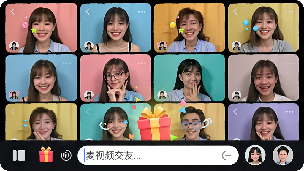主体为手机应用“麦视频交友”的多人聊天室界面,屏幕内多个视频方块排列,下方有礼物特效与文字输入框,布局紧凑,排版活泼,风格明亮多彩,细节包括动画特效与用户头像,画质清晰,干净无多余元素