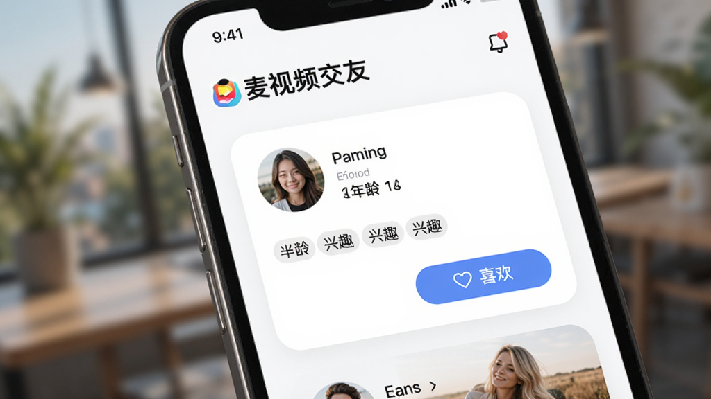 主体为手机应用“麦视频交友”的推荐页面,页面中展示用户卡片,卡片上有头像、年龄、兴趣标签与“喜欢”按钮,布局简洁,排版现代,风格清新,细节包括模糊背景与用户照片,画质高清,干净无多余元素