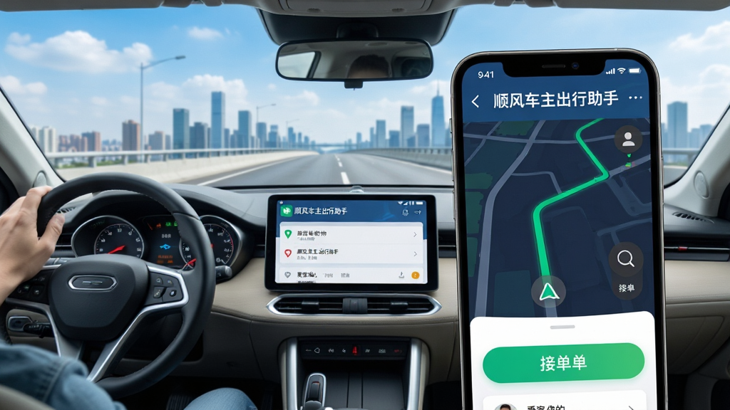 主体:一辆现代感十足的轿车行驶在开阔的城市高架路上,中控屏幕清晰显示“顺风车主出行助手”APP界面,界面上有出发地与目的地信息。布局:画面左侧为驾驶位视角,右侧为手机屏幕特写,手机屏幕占据视觉中心偏右。排版:手机界面内展示路线图、接单按钮和乘客信息卡片,整体信息层级分明。风格:写实科技风,光影通透,色彩明亮,蓝天白云与城市天际线为背景。细节:手机屏幕中显示“顺风车主出行助手”字样及绿色导航线路,方向盘与驾驶员手部局部可见,画面干净无多余元素,画质高清,细节丰富,无多余元素。