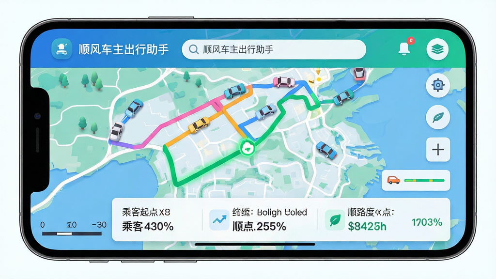 主体:手机横屏界面,显示“顺风车主出行助手”的智能路线匹配功能页面,地图上有多条彩色推荐路线,其中一条绿色路线被高亮标注。布局:地图占据画面大部分,底部有订单信息卡片,展示乘客起点终点与顺路度百分比。排版:界面简洁,功能图标分布清晰,地图比例尺与路况图层标识齐全。风格:扁平化设计配合微立体元素,色调以蓝绿为主,科技感强。细节:地图上飘着小型汽车图标,顶部搜索栏写着“顺风车主出行助手”,画质清晰,界面干净,无多余元素。