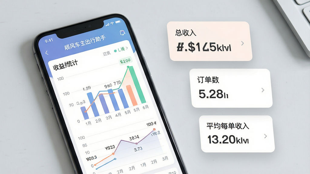 主体:一部手机上展示“顺风车主出行助手”的收益统计界面,界面中柱状图与折线图结合,显示近期每日收入变化。布局:手机位于画面中心偏左,右侧悬浮着几张放大的数据卡片,标注“总收入”“订单数”“平均每单收入”。排版:图表配色柔和,数据标签清晰,背景为浅灰色桌面。风格:商务简约风,强调数据可视化的清晰度。细节:手机状态栏显示时间与电量,屏幕内顶部有“顺风车主出行助手”字样,画面干净,无多余元素。