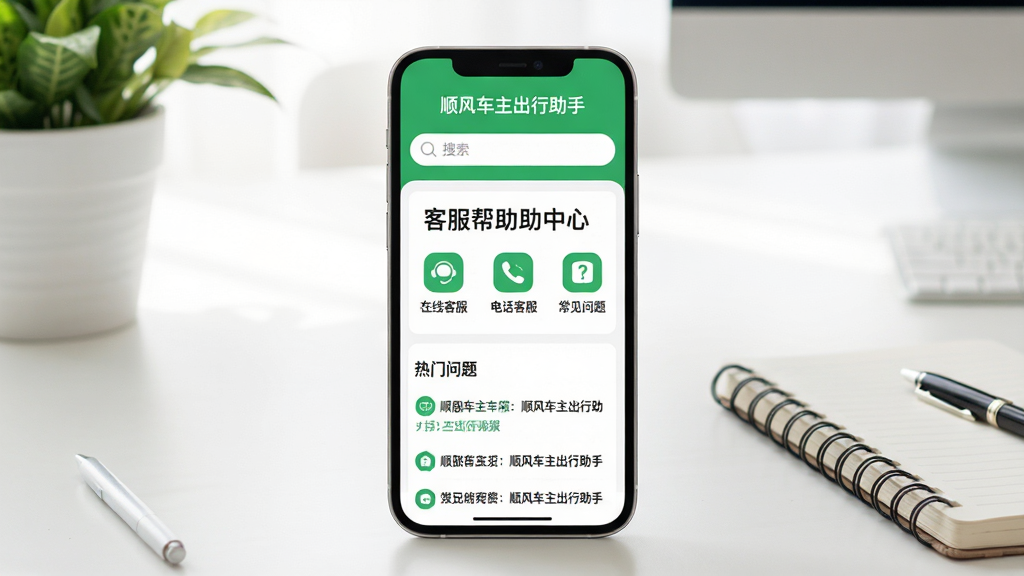 主体:一部手机横屏放置,屏幕显示“顺风车主出行助手”的客服帮助中心页面,下方有“在线客服”“电话客服”“常见问题”三个图标。布局:手机位于画面中央,背景是柔和的工作台,周围有绿植与笔记本点缀。排版:界面内部分区明确,顶部有搜索栏,中间是客服选项图标,底部有热门问题列表。风格:明亮简约风,色彩以白色与绿色为主,给人可靠信赖感。细节:手机屏幕上端显示“顺风车主出行助手”字样,画面干净,无多余元素。