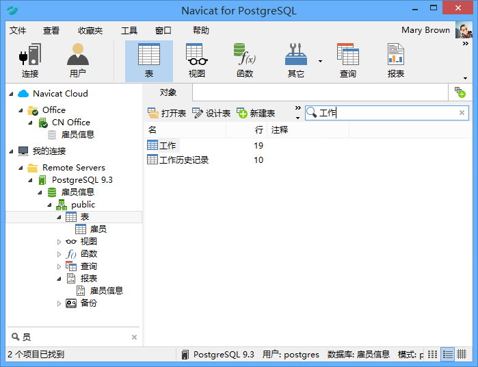 Navicat for PostgreSQL 数据库管理工具界面
