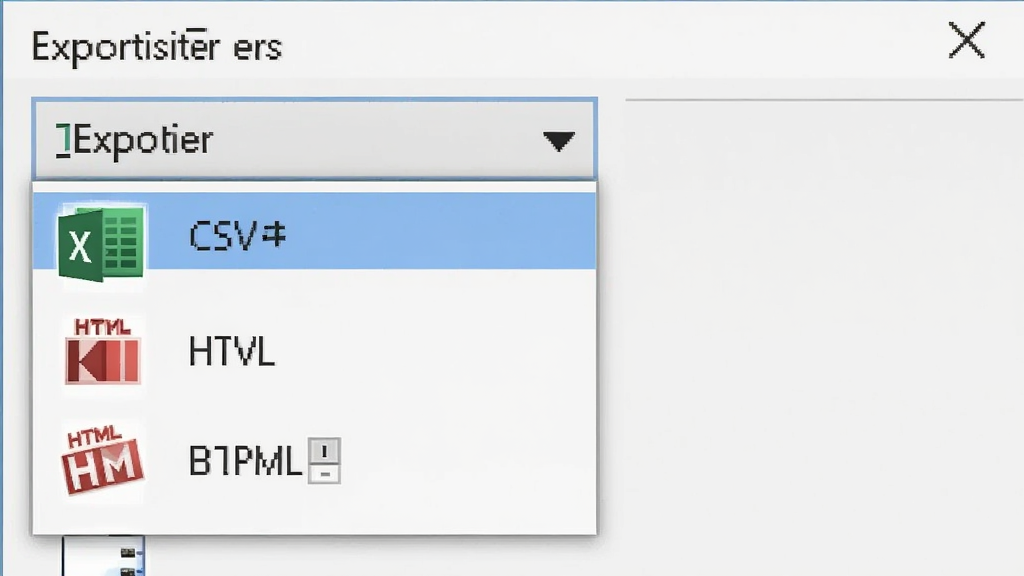Exportizer导出格式选择界面,下拉菜单展开显示Excel、CSV、HTML等图标,背景为浅灰色,整体排版清爽,高清画质,干净无多余元素