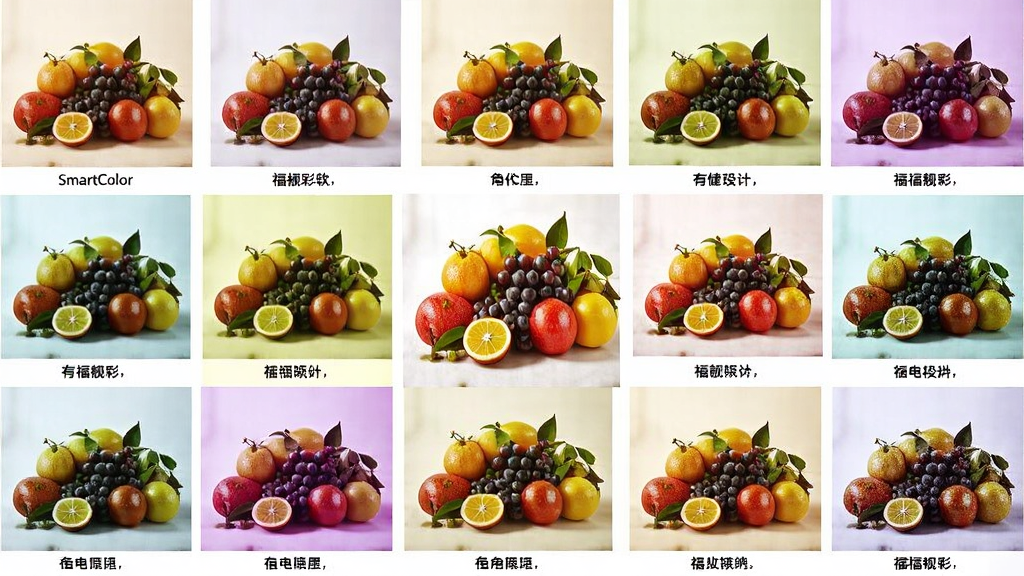 ƽ��չʾSmartColor�и������������õĶ����˾�Ч������������Ϊһ�ű�׼����ˮ��ͼ����Χ������ʮ����Ӧ���˲�ͬ�˾����Ч��Сͼ��ÿ��Сͼ�·���ע���˾����ƣ���ͼ������ɫ�ʷḻ�Ҿ����Ӿ�����������ʸɾ����޶���Ԫ��