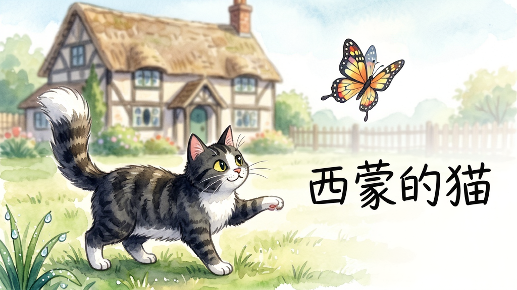 ���壺���ɵ�è�ڻ�԰���˺�����������Ӣʽ���С�ݡ����֣�è���ڻ������½ǣ����������Ͻǣ��γɶԽ��߹�ͼ���Ű棺�����Ҳ���롰���ɵ�è����д�����������ˮ���ֻ�磬ɫ�ʵ��ţ���Ӱ��͡�ϸ�ڣ�è��ë���׵�β�����𣬺�������л��ƣ��ݵ�����¶�顣���ʣ��߷ֱ��ʣ�����ɾ����޶������