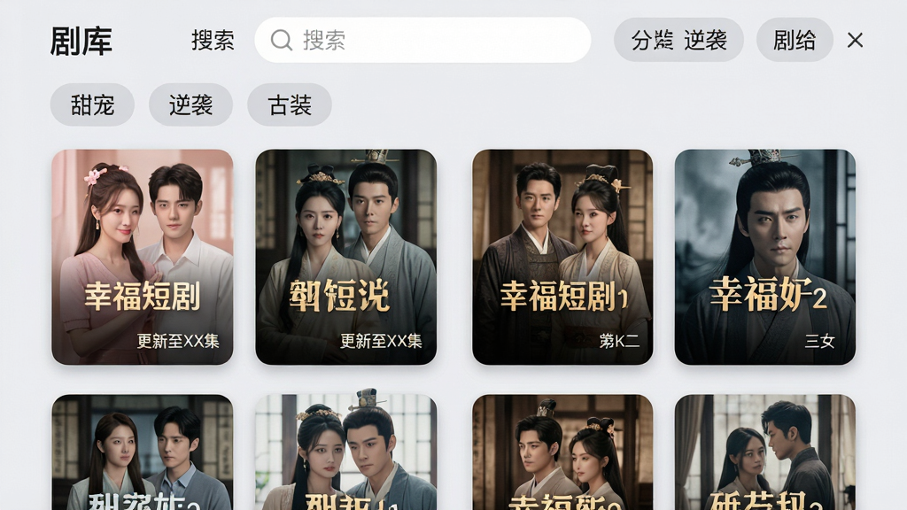 ���壺�Ҹ��̾�APP�ġ���⡱ҳ�棬չʾ��������ǩ�硰��衱����Ϯ������װ�����·�����������ľ缯���溣�������֣�ҳ������б�����������ʽ���������������ͷ���Ử��������Ϊ��������缯��Ƭ���Ű棺��Ƭ�Ͼ������������ֱ�ע��������XX������������Ϣ�㼶��������񣺼���ִ���UI��ƣ�����Ϊ����ɫ����Ƭ��Բ����Ӱ��ɫ����͡�ϸ�ڣ�ÿ�ſ�Ƭ���������죬��ʾ�����ľ������֣�����һ��ͻ����ʾ���Ҹ��̾硱Logo�����ʣ��߷ֱ��ʣ�����ϸ�ڷḻ���ɾ��޶���Ԫ�ء�