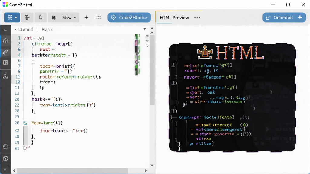 Code2Html����������Ԥ��ͼ��չʾ������༭�����Ҳ�HTMLԤ�������������������ܰ�ťͻ�����������ִ���࣬�߷ֱ��ʣ��ɾ��޶���Ԫ��