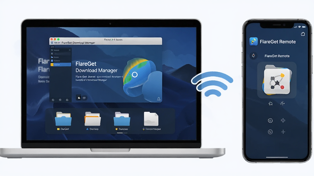 ���壺һ̨�ʼǱ�������Ļ����ʾFlareGet Download Manager���ڸ������أ������·��ж���ļ�����ͼ�꣬�Ա���һ���ֻ���Ļ��ʾ��FlareGet Remote��ң�ؽ��棻���֣��������ֻ���Ļ���ţ��м�������Wi-Fi�������ӣ��Ű棺����չʾ���豸Э������������ִ����ֲ廭��ǳɫ������ϸ�ڣ������������֡�FlareGet Download Manager�����ֻ�Ӧ��ͼ�������ɼ������ʣ����壬�ɾ��޶���Ԫ�ء�