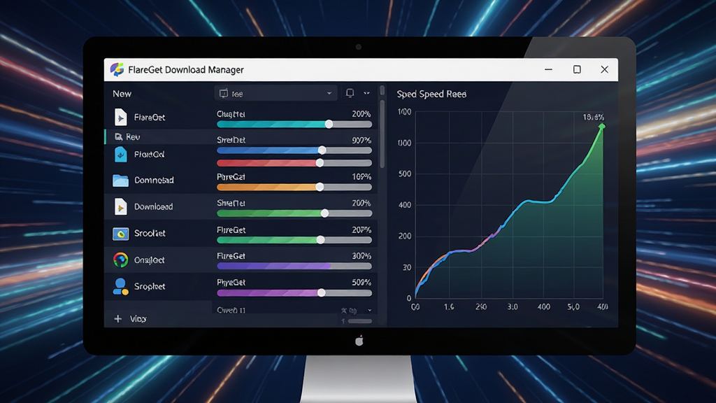 ���壺������Ļ��ʾFlareGet Download Manager���ؽ��棬�����ɫ������ͬʱ�����ƽ��������й����������������֣�������У������ʾ�ļ��б����Ҳ���ʾʵʱ�ٶ�����ͼ���Ű棺����ֱ�ۣ����ݿ��ӻ�����񣺱�ƽ����ϿƼ��У�ɫ��������ϸ�ڣ����涥���С�FlareGet Download Manager���������ٶ�����ͼ��ʾ�������������ʣ�����ϸ�壬�ɾ��޶���Ԫ�ء�