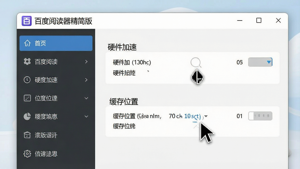 一张使用教程图,主体为“百度阅读器精简版”在电脑上的设置界面,布局为左侧菜单栏,右侧为“硬件加速”与“缓存位置”选项,排版清晰,风格简洁商务,细节包含鼠标指针点击操作,画质干净明亮,无多余元素