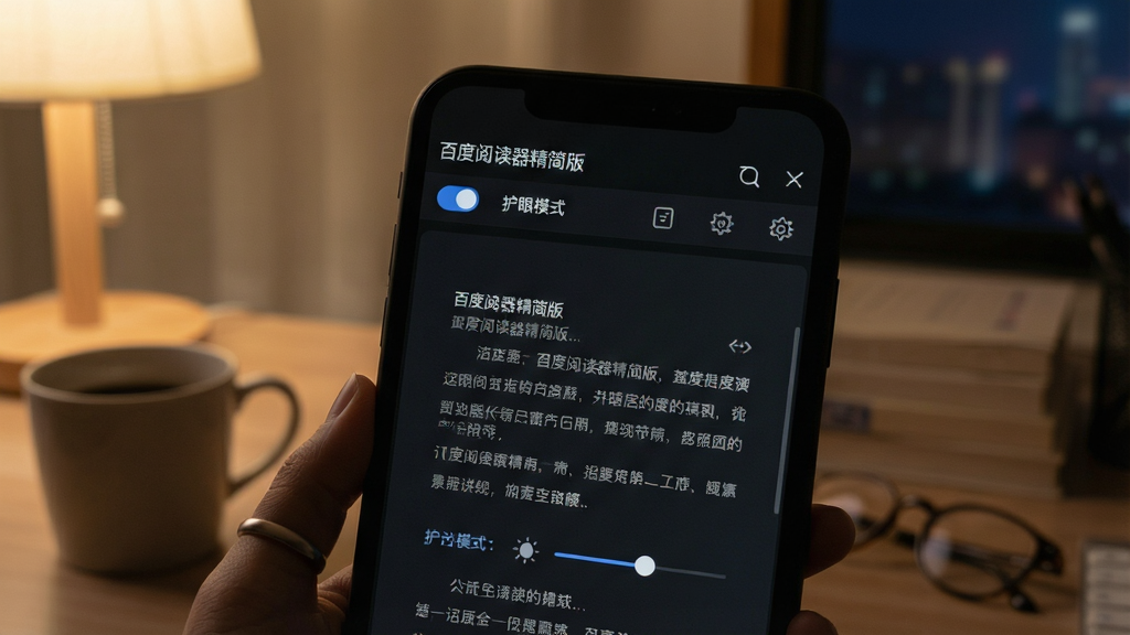 一张使用场景图,主体为“百度阅读器精简版”在夜间模式下的阅读界面,布局为深色背景下的文档页面与工具栏,排版简洁明了,风格静谧舒适,细节显示护眼模式开关与亮度滑杆,画质细腻柔和,无多余元素