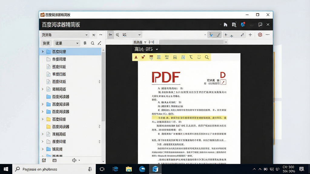一张高清产品预览图,主体是“百度阅读器精简版”软件界面在Windows桌面上的全屏展示,布局为左侧文件列表、右侧文档阅读区,排版简洁清晰,风格现代扁平化,细节包括打开的PDF文档与高亮工具条,画质细腻干净,无多余元素,文字标注“百度阅读器精简版”