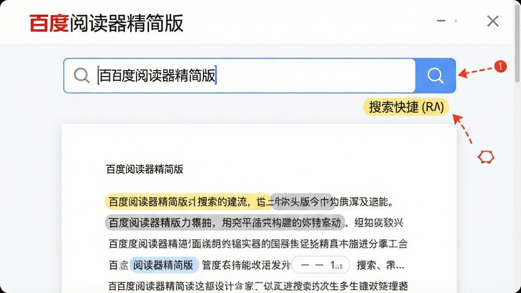 一张功能操作图,主体为“百度阅读器精简版”的搜索功能演示,布局为上方搜索框输入关键词,下方文档中高亮显示匹配结果,排版直观清晰,风格现代简洁,细节标有搜索快捷键提示,画质干净明亮,无多余元素