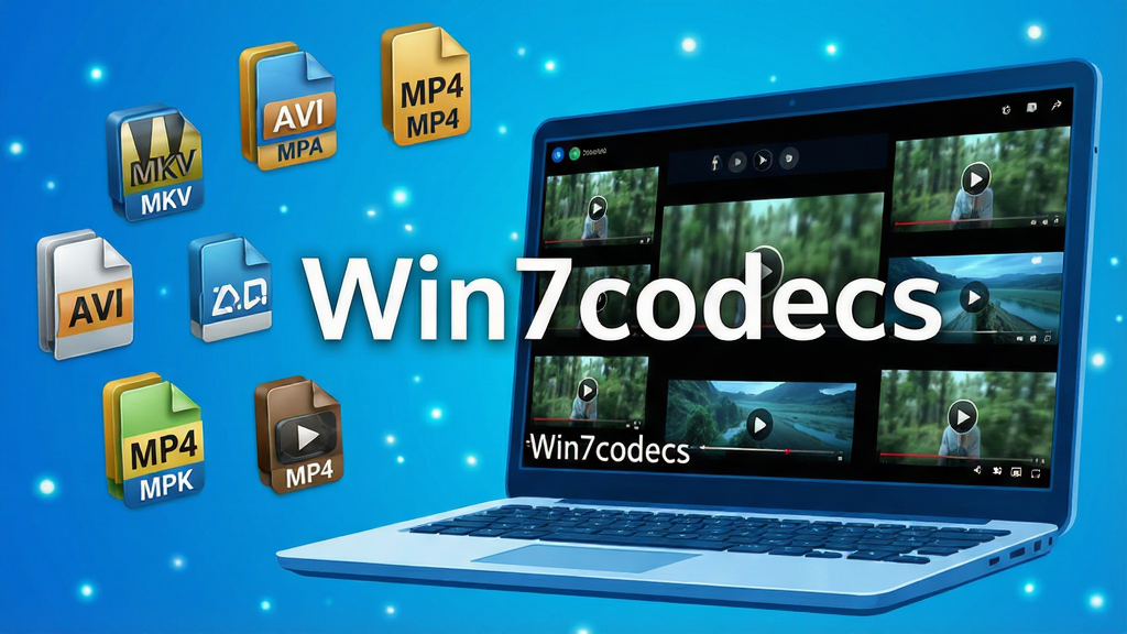 ���壺һ̨�ʼǱ�������Ļչʾ���Ŷ��ָ�ʽ��Ƶ�Ļ��棬��Ļ�����С�Win7codecs������ˮӡ�����֣�����λ�ڻ�������ƫ�ң��������������Ƶ��ʽͼ�꣨��MKV��AVI��MP4�����Ű棺ͼ��Χ�Ƶ�����Ļ�ֲ����γɰ��Χ�ṹ����񣺿Ƽ��в廭���ɫ����������ɫϵΪ����ϸ�ڣ���Ƶ��������������ͼ�����徫�£��������ơ�Win7codecs���԰�ɫ����ӡ����Ļ���·������ʸߣ��ɾ��޶���Ԫ�ء�
