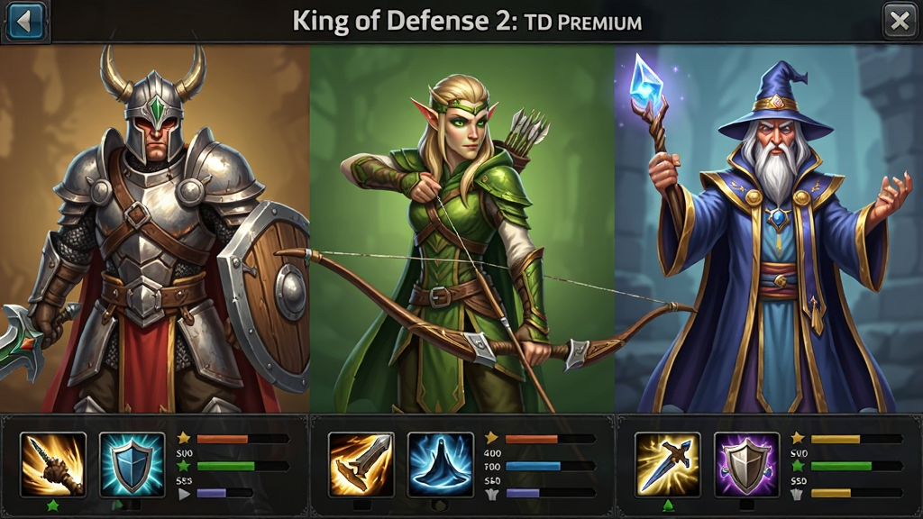 һ�š�King of Defense 2: TD Premium����Ӣ��ѡ�����Ԥ��ͼ������Ϊ��λ��ְͬҵ��Ӣ�����棬���Ϊ�������׵�սʿ���м����ֳֳ����ľ��飬�Ҳ�Ϊ���ŷ��۵ķ�ʦ���·��м���ͼ����������壬������ϷUI��񣬲��ֶԳƣ��Ű澫�£�ϸ�ڷḻ�����ʸ��壬�ɾ��޶���Ԫ��