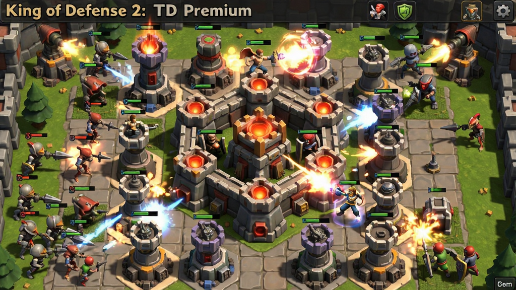 һ�š�King of Defense 2: TD Premium���޾�ģʽս�����棬����Ϊ��Ļ����ĵо���Ӫ����Χ�ܼ������Ŷ����������������������˴�����˷�ӿ����Ӣ���ڷ��ߺ��ͷŴ��У��������ս����Ч��������Ϸʵ����ͼ��񣬲��ֽ��գ��Ű�����ϸ�ڷḻ�����ʸ��壬�ɾ��޶���Ԫ��