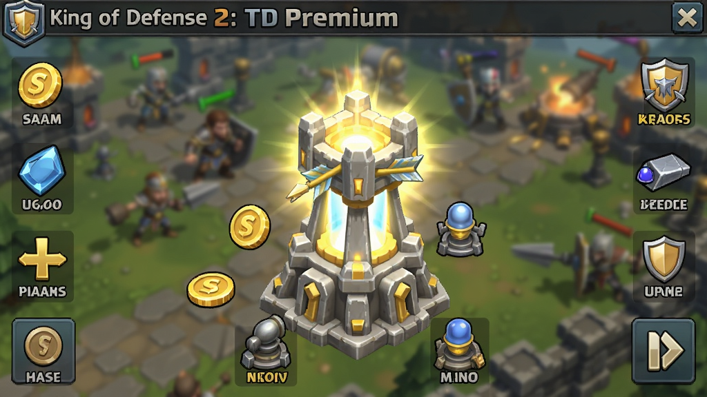 չʾ��King of Defense 2: TD Premium����Ϸ�ڷ�������������Ľ�ͼ������Ϊһ������������ʥ���������Χ�����Ž�ҡ������UIͼ�꣬������ģ����ս����������Ϸ�ڽ�ͼ��񣬲������࣬�Ű�������ϸ�ڷḻ�����ʸ��壬�ɾ��޶���Ԫ��