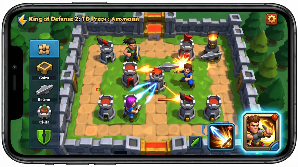 һ�š�King of Defense 2: TD Premium����Ϸ���н�ͼ������Ϊ�ֻ�������Ϸ���棬��ʾ����ս�����������½�Ӣ�ۼ��ܰ�ť����������з���������˵�������������ɫ�����������ֺ������ɾ��޶���Ԫ��