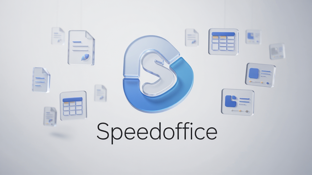 ��������Ϊһ��������ǳ��ɫ���䱳���ϵġ�Speedoffice��Ʒ����άLOGO����Χ�����Ŵ����ĵ������񡢻õ�Ƭ�İ�͸��3Dͼ�ꡣ���岼�ֲ������Ĺ�ͼ��LOGO�·�����ϸ���޳�������ʾ��Speedoffice���������Ű�����������ƫ���ִ��Ƽ��������񼫼�磬��Ӱ��Ⱦ��ͣ�ϸ�ڴ�չʾ��������̬�ʸС�����Ҫ��8K�����壬��Ⱦϸ��ɾ����޶������ֻ�����Ԫ�ء�