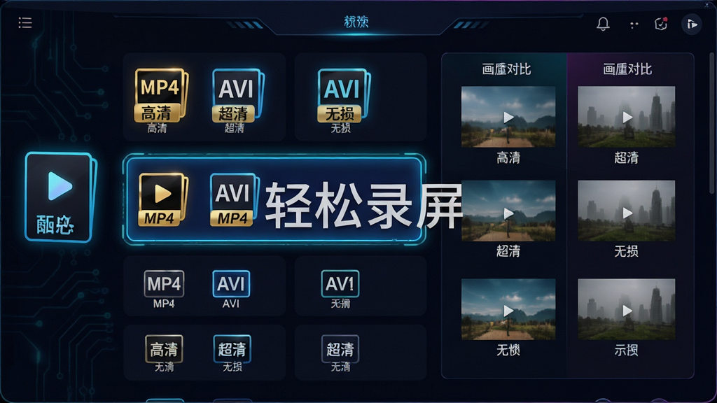 ���壺����¼����������Ƶ�����ʽѡ����棬�Ա�չʾ��ͬ�����ȱ�ʶ�����֣������б���ʽչʾMP4��AVI�ȸ�ʽͼ�꣬�Ҳ�Ϊ���ʶԱ�ʾ��ͼ���Ű棺�б�������������ʾ�Ƽ���MP4��ʽ����񣺿Ƽ���UI��ƣ���ɫ���������޺��Ч��ϸ�ڣ�ÿ����ʽͼ���±�ע�����塱�������塱�������𡱵����������������С�����¼����ˮӡ�����ʣ����½�����Ⱦ���ɾ����޶���Ԫ��