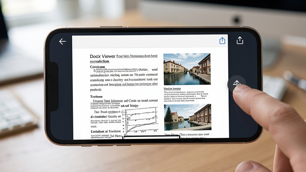 ���壺һ�������ֻ�������ʾDocX ViewerӦ�ý��棬��Ļ����һ��ͼ�Ĳ�ï���ĵ�����ָ���ڵ���˵���ť�����֣��ֻ����У�����Ϊģ���İ칫���������Ű棺�ֻ���ĻԼռ�ݻ�������֮�����ĵ�ҳ�������������з��غͷ���ͼ�ꡣ���дʵ��Ӱ���ͻ���ƶ��칫������ϸ�ڣ��ֻ���Ե�н����ʸУ���Ļ���ݿɱ���Ϊ�ı���ͼƬ��������͡����ʣ�������Ӱ�����������������ɾ����޶���Ԫ�ء�