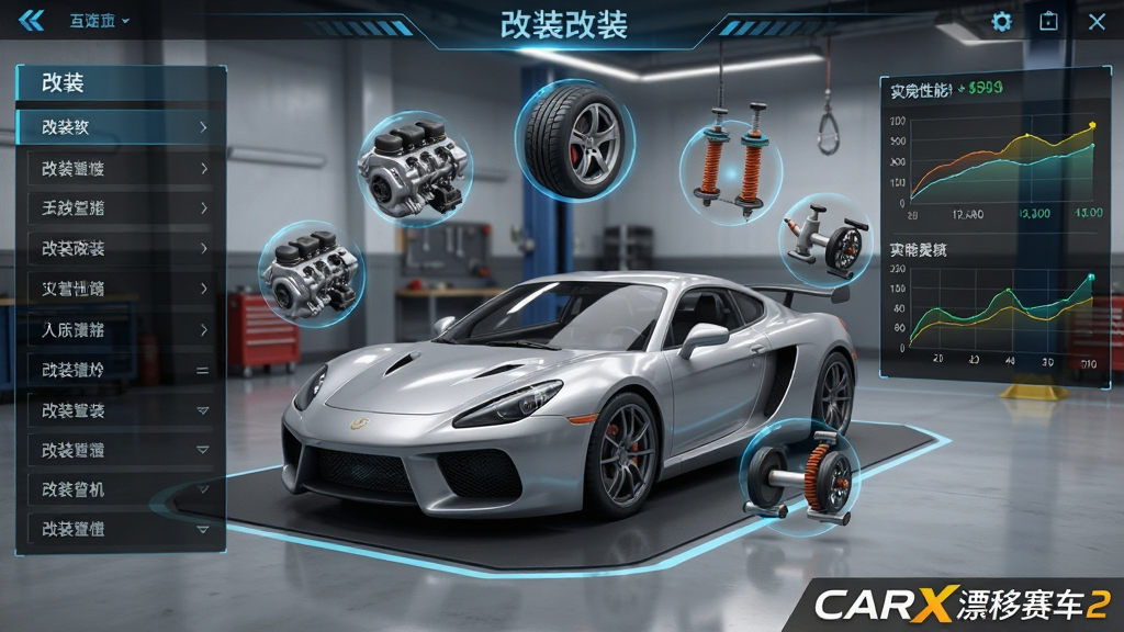 ��Ϸ��װ���棬һ����ɫ�ܳ�ͣ����ά�޳����ڣ��������������桢��̥�����ҵ�3D���ͼ�꣬��Ļ����Ǹ�װ�˵��б����Ҳ���ʾ����ʵʱ���ܲ������ߣ�����Ƽ���ʮ�㣬UI��ƾ������������ơ�CARXƯ������2��ˮӡ�ڽ��䣬�߻��ʣ��ɾ��޶���Ԫ��