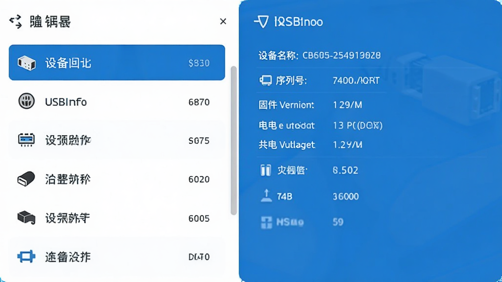 USBInfo������Ԥ��ͼ�������ʾ�豸�б����Ҳ�չʾѡ���豸����ϸ��Ϣ�������豸���ơ����кš��̼��汾�������ѹ�ȣ��������������ɫ�����岼������������Լ�ִ������ʸ��壬�ɾ��޶���Ԫ��