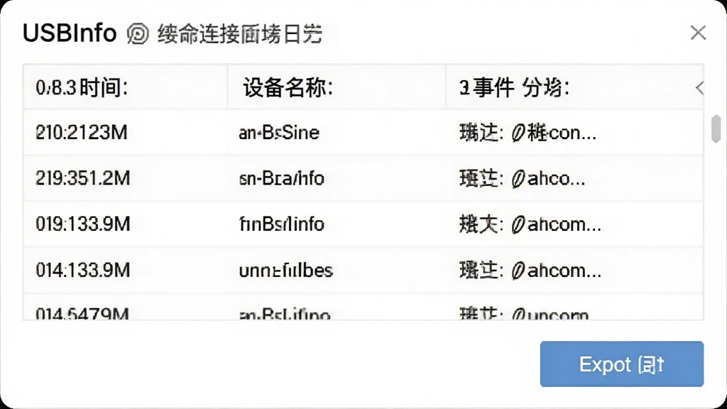 USBInfo������־���棬�����г�ʱ�䡢�豸���ơ��¼����ͣ��ײ��е�����ť��������Ƽ�࣬��ɫ��������ɫ���֣��������������ʸɾ�