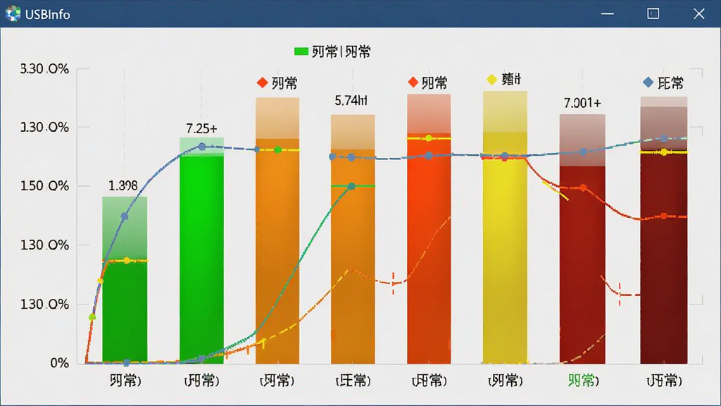 USBInfo����״̬��ؽ��棬��״ͼ��ʾ���˿ڵ�ѹ�������ֵ����ɫ�����������쳣״̬������ǳ�ң�ͼ�μ�����ˣ��������ơ�USBInfo�����������Ͻǣ���������