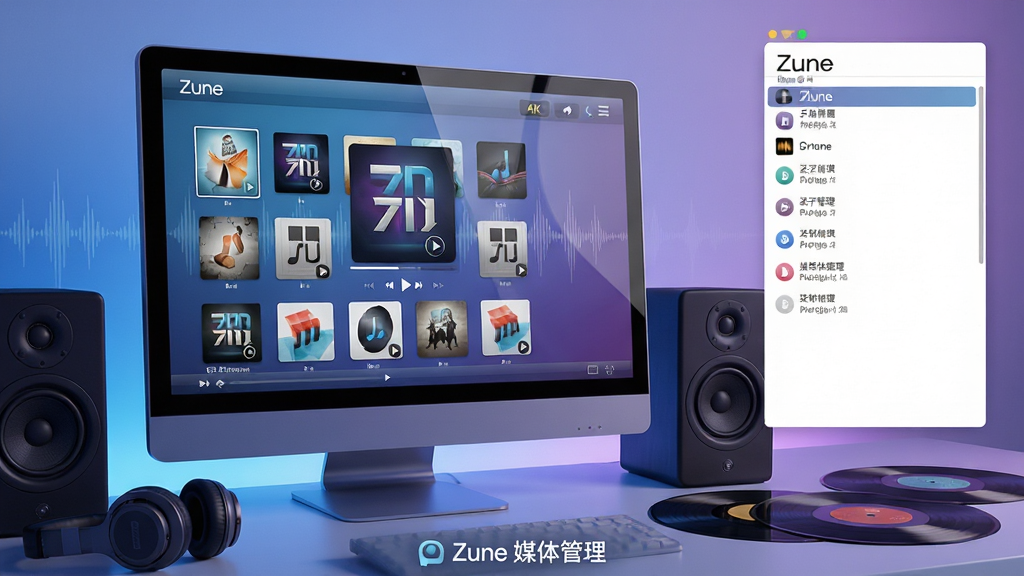 ���壺һ̨����Zune�����ĵ�����Ļ����Ļ����ʾ���������ר�����������ڲ��ŵĸ������棬��Χ�ж���������ͼ�ö��Ƭ�����֣����Ծ���ƫ���Ҳ�����������ò����б����Ű棺����ײ���һ��С�֡�Zune ý������������дʵ�����ȿƼ��У�ɫ�������Ͻ���Ϊ����ϸ�ڣ���Ļ������ͣ����ֲ���ͼ��Ϊ����װ�Σ����ʣ�4K���ɾ����޶���Ԫ��