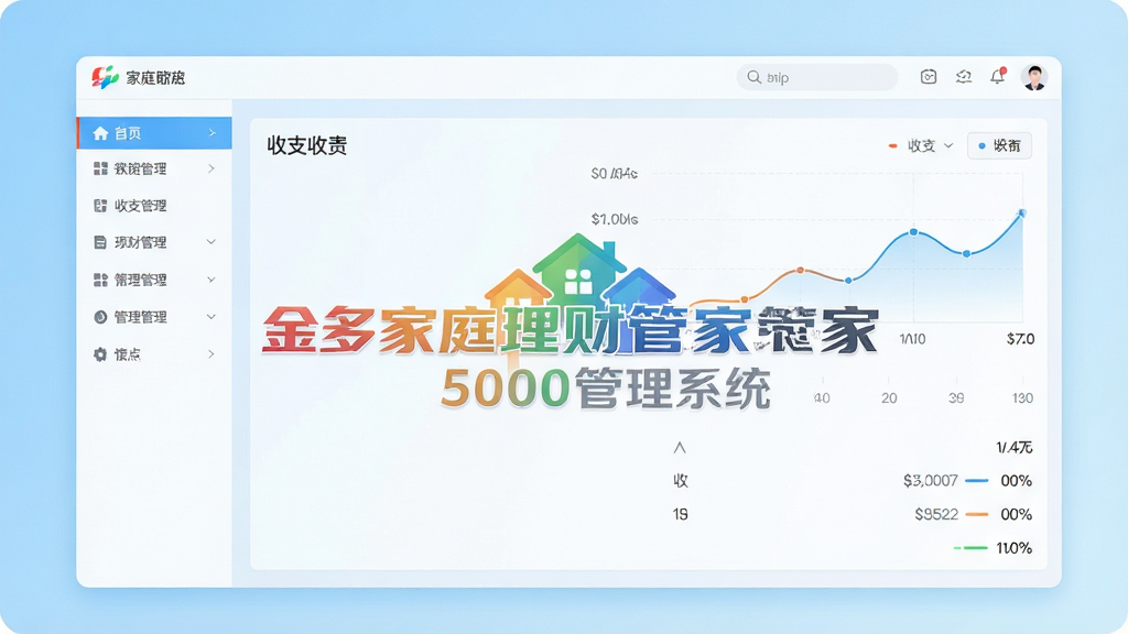 一张现代简约风格的软件主界面预览图,画面中央显示“金多家庭理财管家5000管理系统”的彩色LOGO,背景为浅蓝色渐变,界面布局包含左侧功能导航栏和右侧收支曲线图,整体风格清爽专业,画质清晰,干净无多余元素