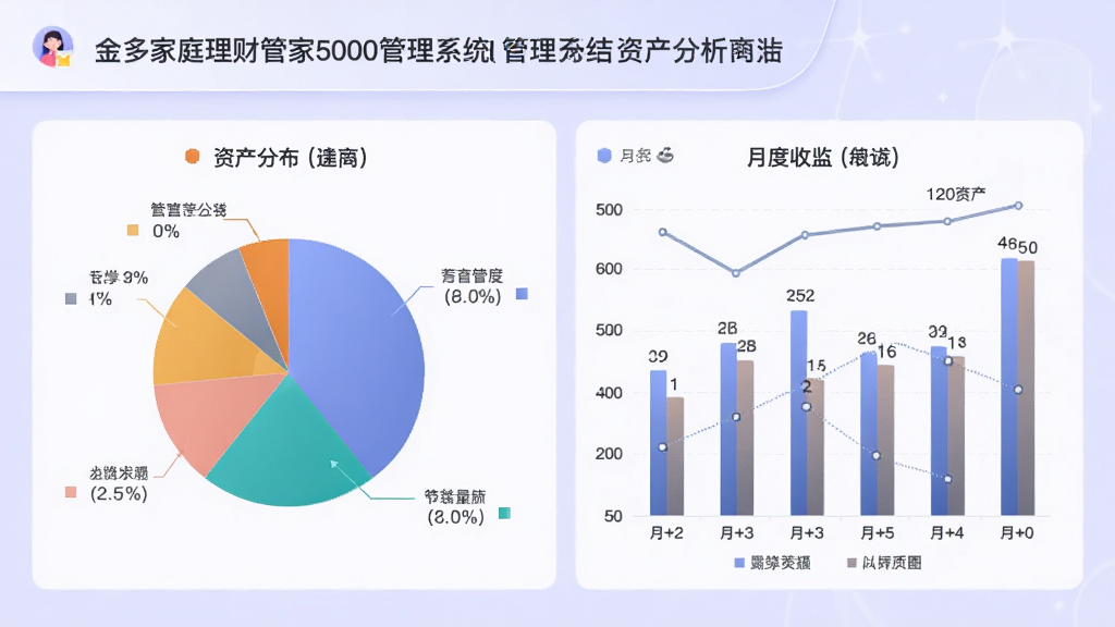 展示“金多家庭理财管家5000管理系统”资产分析页面的设计图,画面采用饼图与柱状图结合形式,左侧为资产分布饼图,右侧为月度收支柱状图,背景为浅紫色商务风格,排版整洁,数据标注清晰,画质柔和