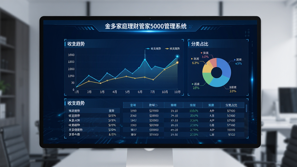 一张“金多家庭理财管家5000管理系统”报表中心的展示图,画面中央展示折线图与数据表格,背景为深蓝色科技质感,线条光效点缀,图片中标注“收支趋势”与“分类占比”文字,整体风格专业严谨,画质高清